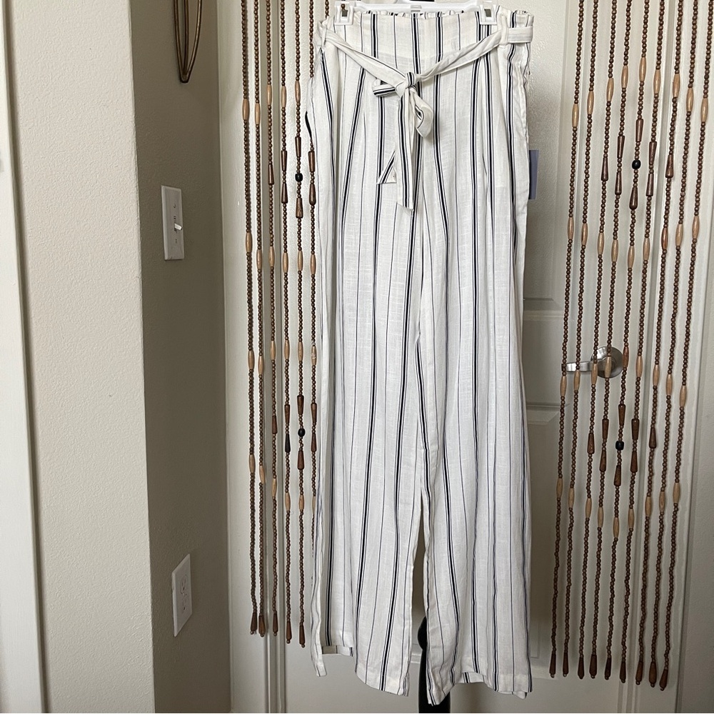 Indigo Rising Wide Leg Linen Cotton Striped Beltes Pants Size Large NWT - Picture 2 of 12
